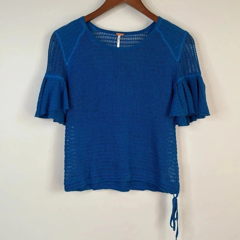 Free People‎ Cobalt Blue Open Knit Flutter Short Sleeve Top Ramie Cotton